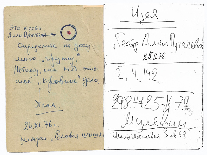 Страницы из записной книжки Александра Стефановича (в круге - капля крови Пугачёвой)