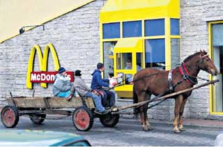 Элита бестолково гоняет лошадей за мячиком, а люди попроще используют благородных животных с пользой: например при поездке в город за гамбургером